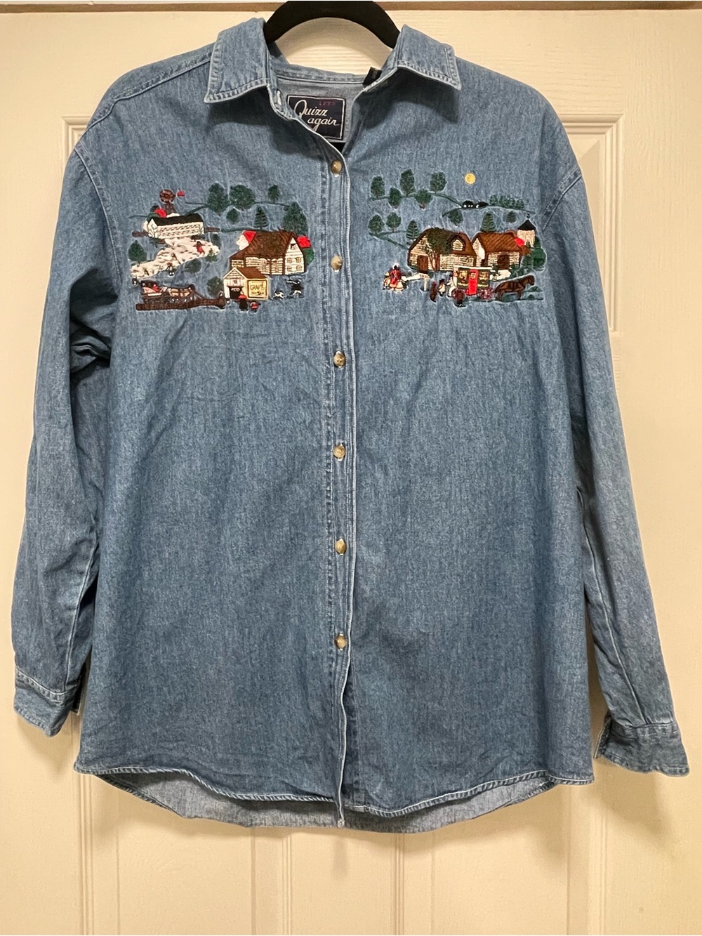 Let’s Quizz Again Blue Denim Collared Button-Up Long Sleeve Embroidered Shirt M